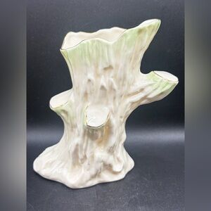 Vintage Belleek Ireland Porcelain Tree Trunk Vase, Green & Gilts Accents